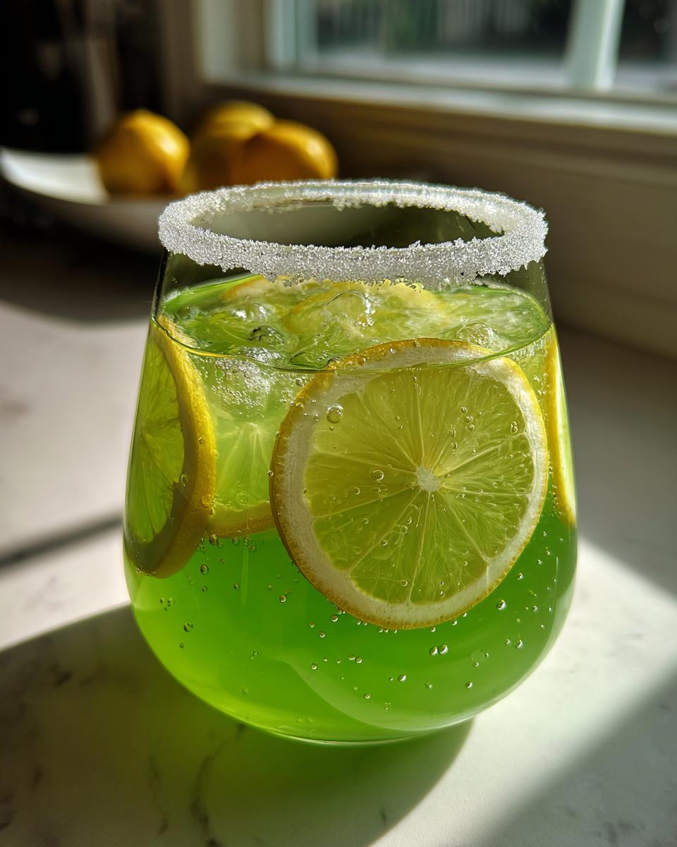 Nahaufnahme eines grünen, prickelnden Getränks, vermutlich Alkoholfreie Maibowle, garniert mit Zitronenscheiben und einem Zuckerrand.