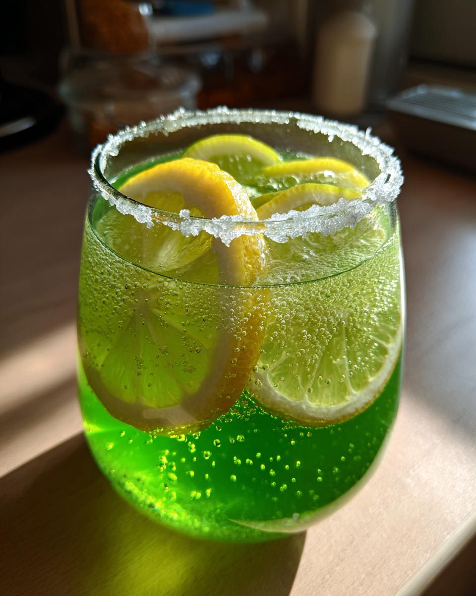 Nahaufnahme einer leuchtend grünen Alkoholfreie Maibowle mit kohlensäurehaltigem Getränk und Zitronenscheiben, gezuckertem Glasrand.