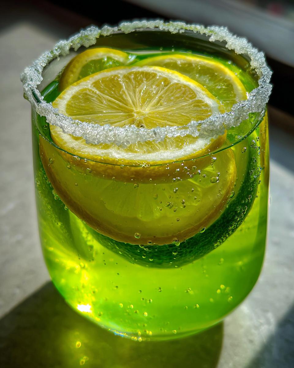 Nahaufnahme eines Glases mit leuchtend grüner Alkoholfreie Maibowle, garniert mit Zuckerrand und Zitronenscheiben.