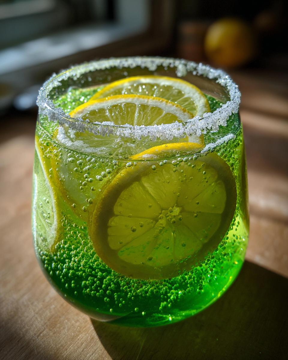 Nahaufnahme einer grünen, prickelnden Alkoholfreie Maibowle mit Zitronenscheiben und einem Zuckerrand.