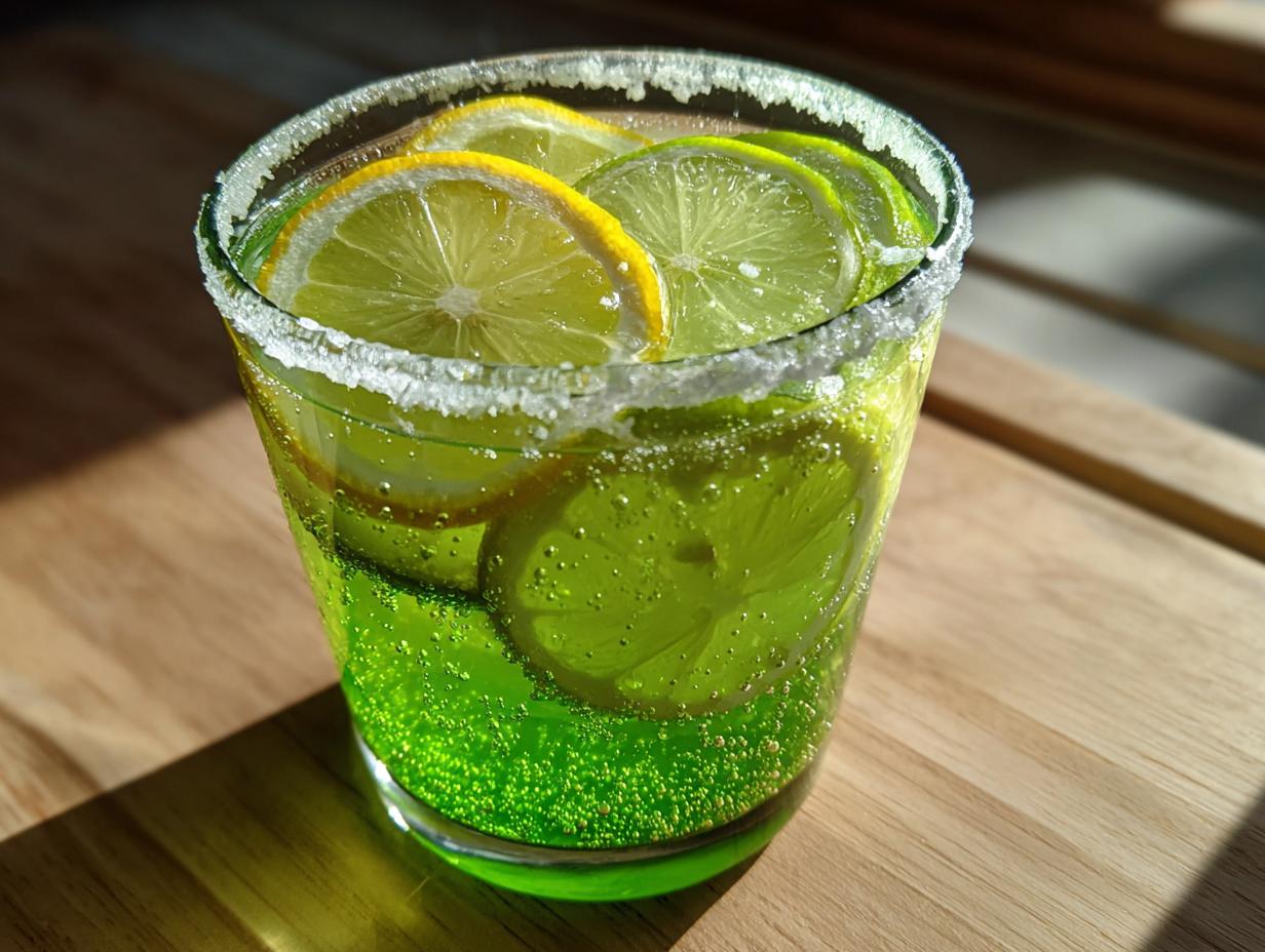 Nahaufnahme eines Glases mit grüner, prickelnder Alkoholfreie Maibowle, garniert mit Zitronen- und Limettenscheiben und Zuckerrand.