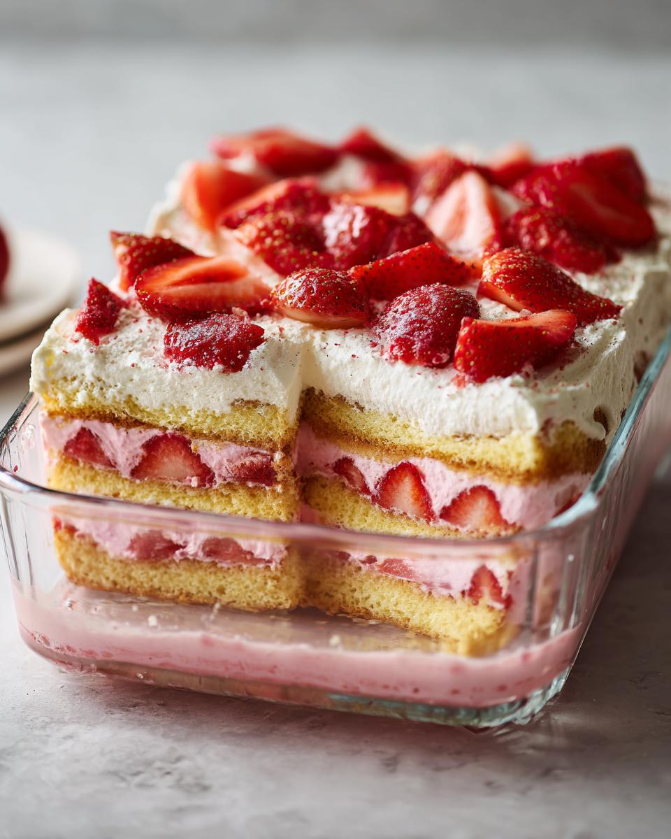 Schnittansicht eines Erdbeer Tiramisu mit Biskuitböden, cremiger Füllung und frischen Erdbeeren obenauf.