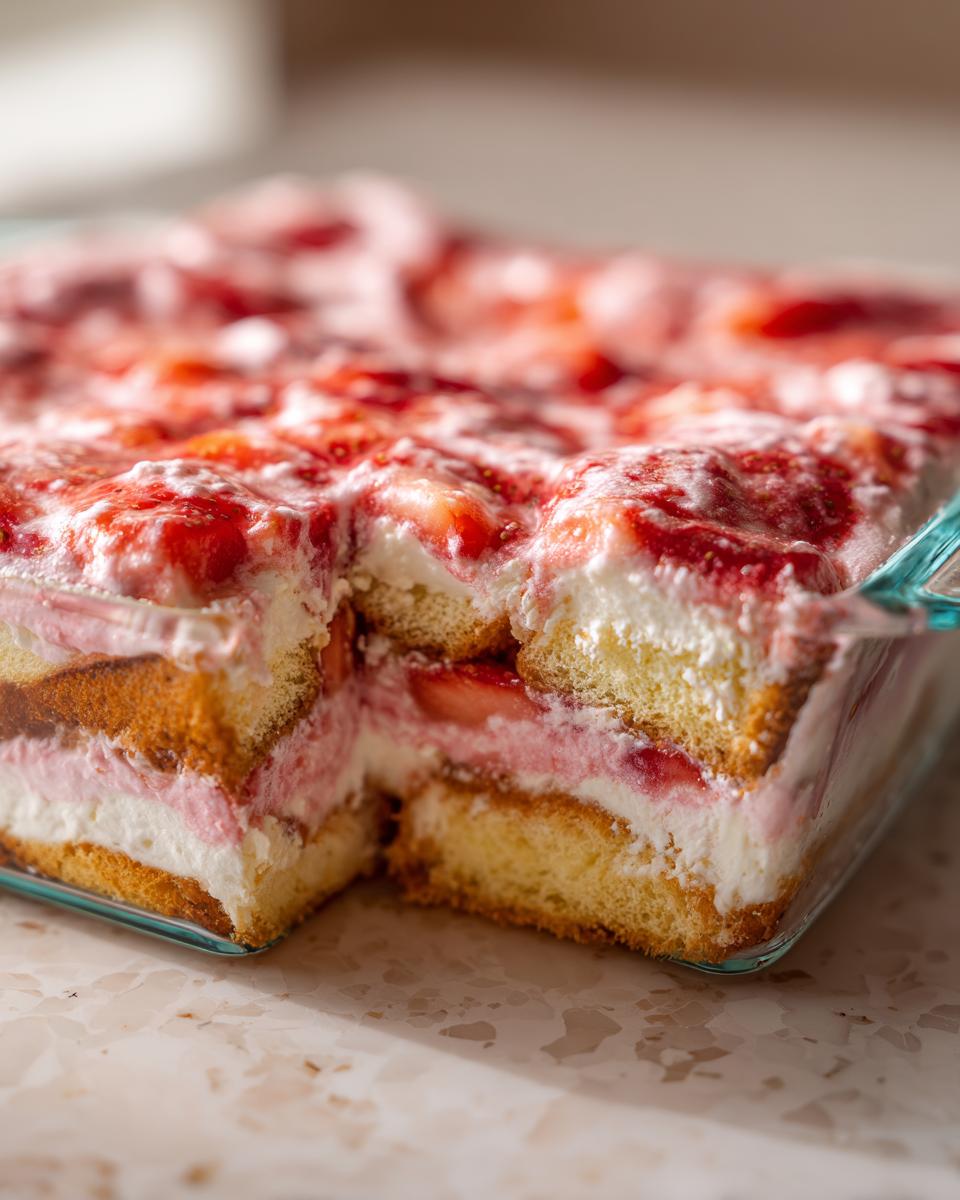 Nahaufnahme eines angeschnittenen Erdbeer Tiramisu in einer Glasform mit sichtbaren Schichten aus Biskuit, Creme und Erdbeeren.