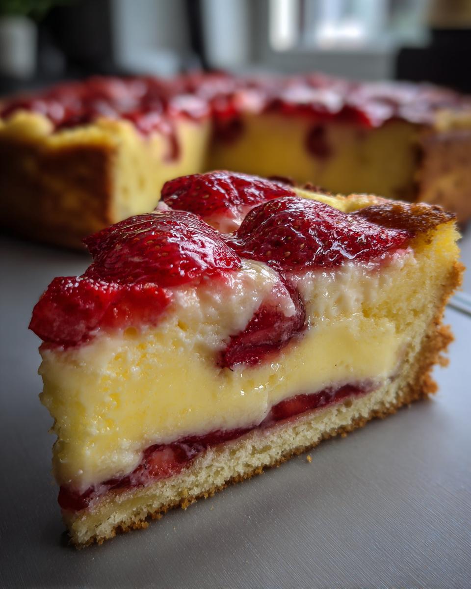 Nahaufnahme eines Stücks Erdbeerkuchen mit Pudding, das eine dicke Schicht Pudding und Erdbeeren zeigt.