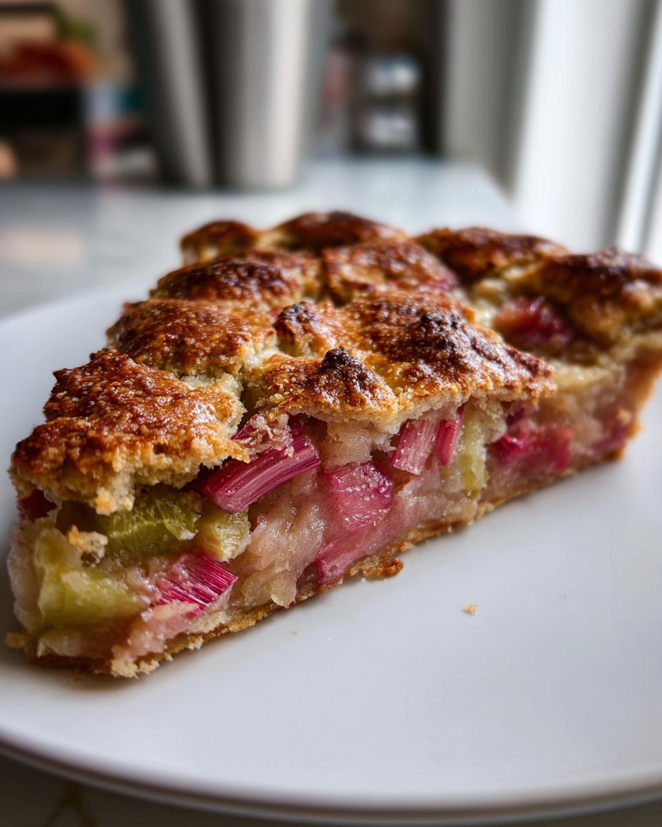 Nahaufnahme eines Stücks Rhabarber Galette mit knusprigem Rand und leuchtend rosa Rhabarberstücken.