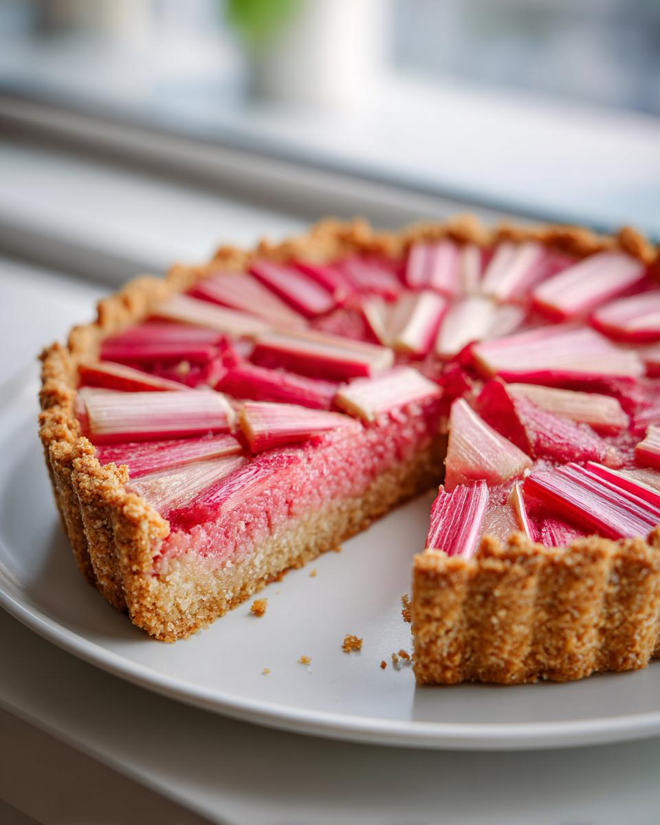 Nahaufnahme einer angeschnittenen Rhabarber-Tarte mit leuchtend roten Rhabarberstücken auf einem hellen Teller.