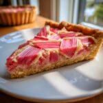 Nahaufnahme eines Kuchenschnitts mit leuchtend rotem Rhabarber in einer Mürbeteigbasis, der perfekten Rhabarber-Tarte.