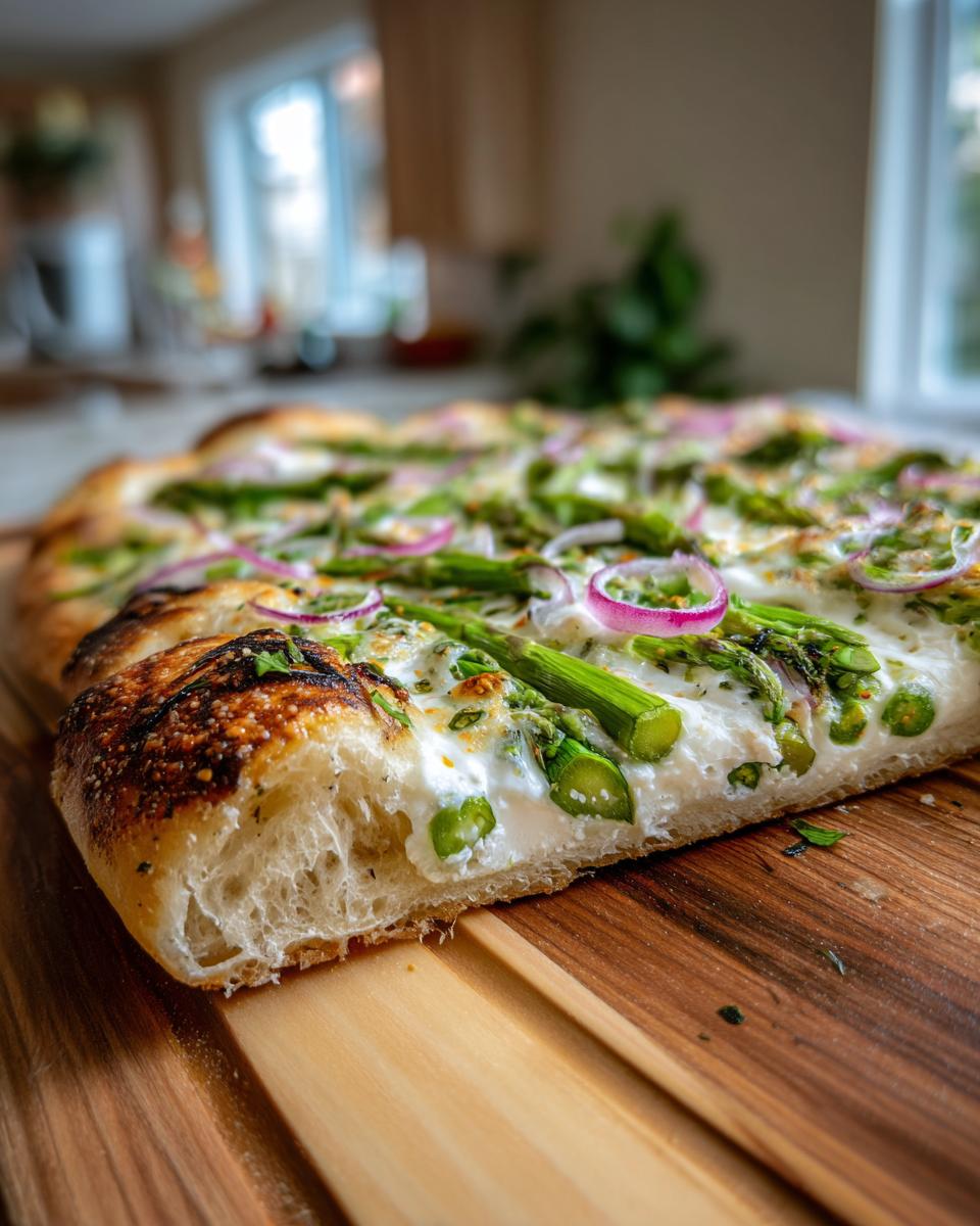 Nahaufnahme eines angeschnittenen Spargel-Flammkuchens mit dickem, luftigem Rand auf einem Holzbrett.