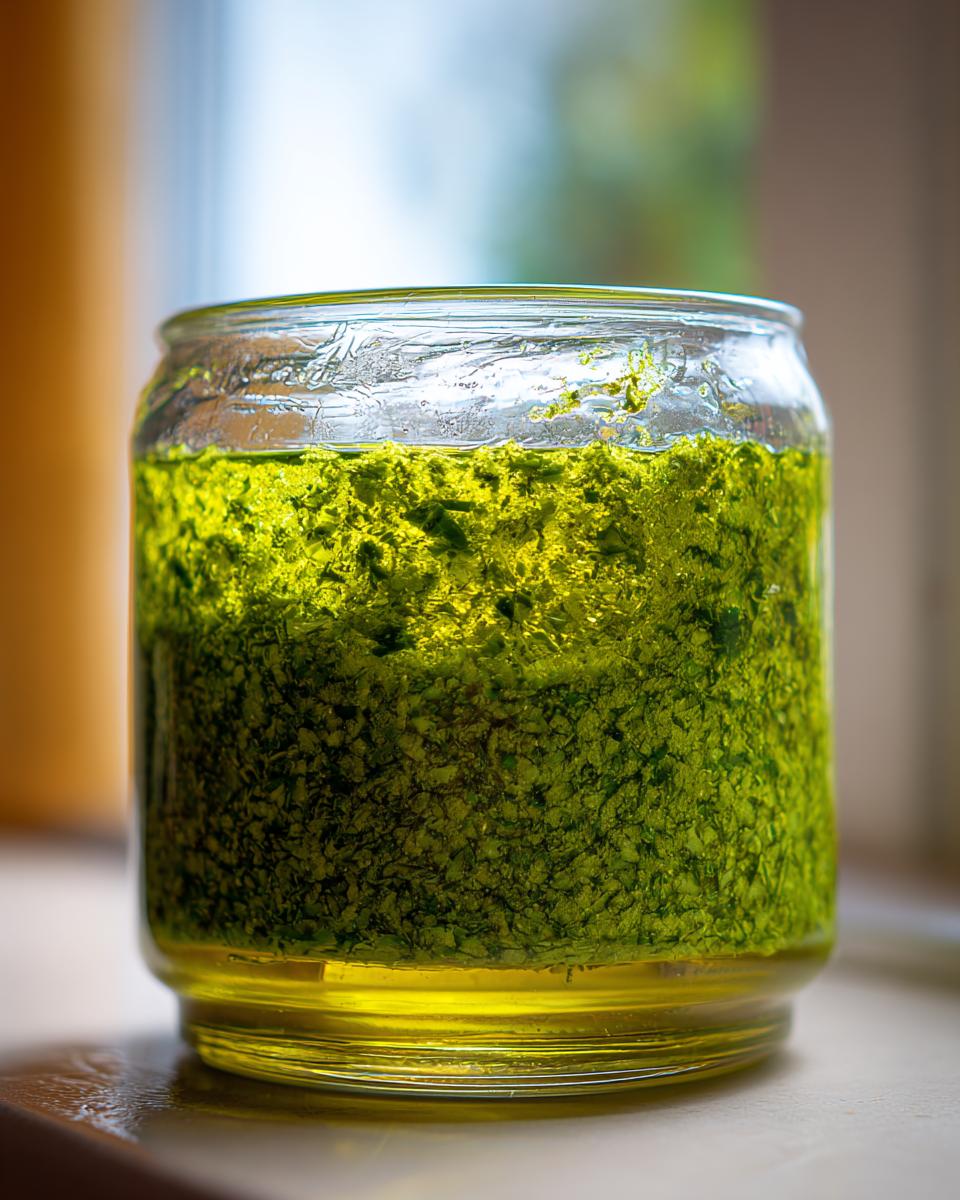 Nahaufnahme eines Glases mit frisch zubereitetem, leuchtend grünem Bärlauch-Pesto, bedeckt mit einer Ölschicht.