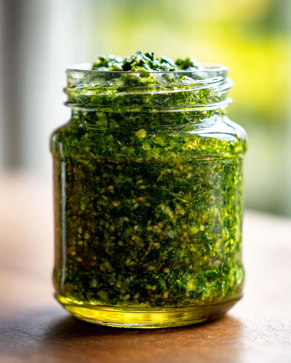 Nahaufnahme eines Glases mit leuchtend grünem, selbstgemachtem Bärlauch-Pesto, das auf einem Holztisch steht.