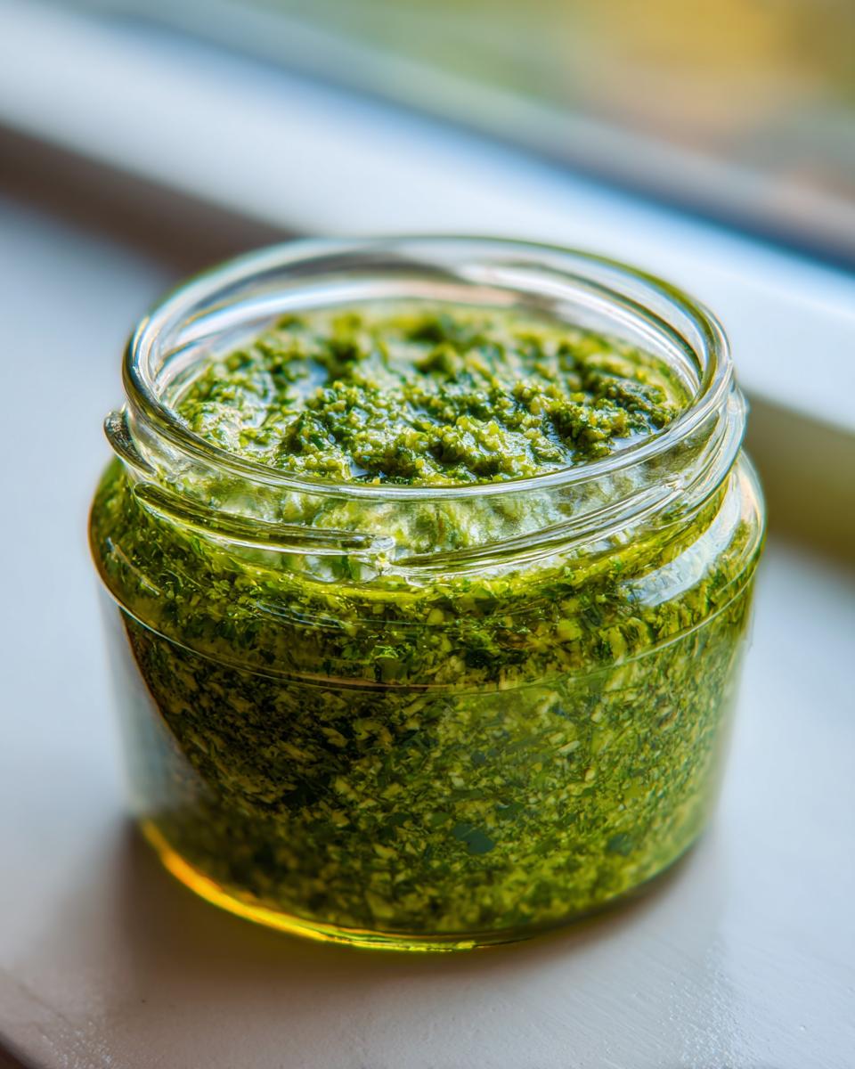 Nahaufnahme eines Glases mit frisch zubereitetem, leuchtend grünem Bärlauch-Pesto.