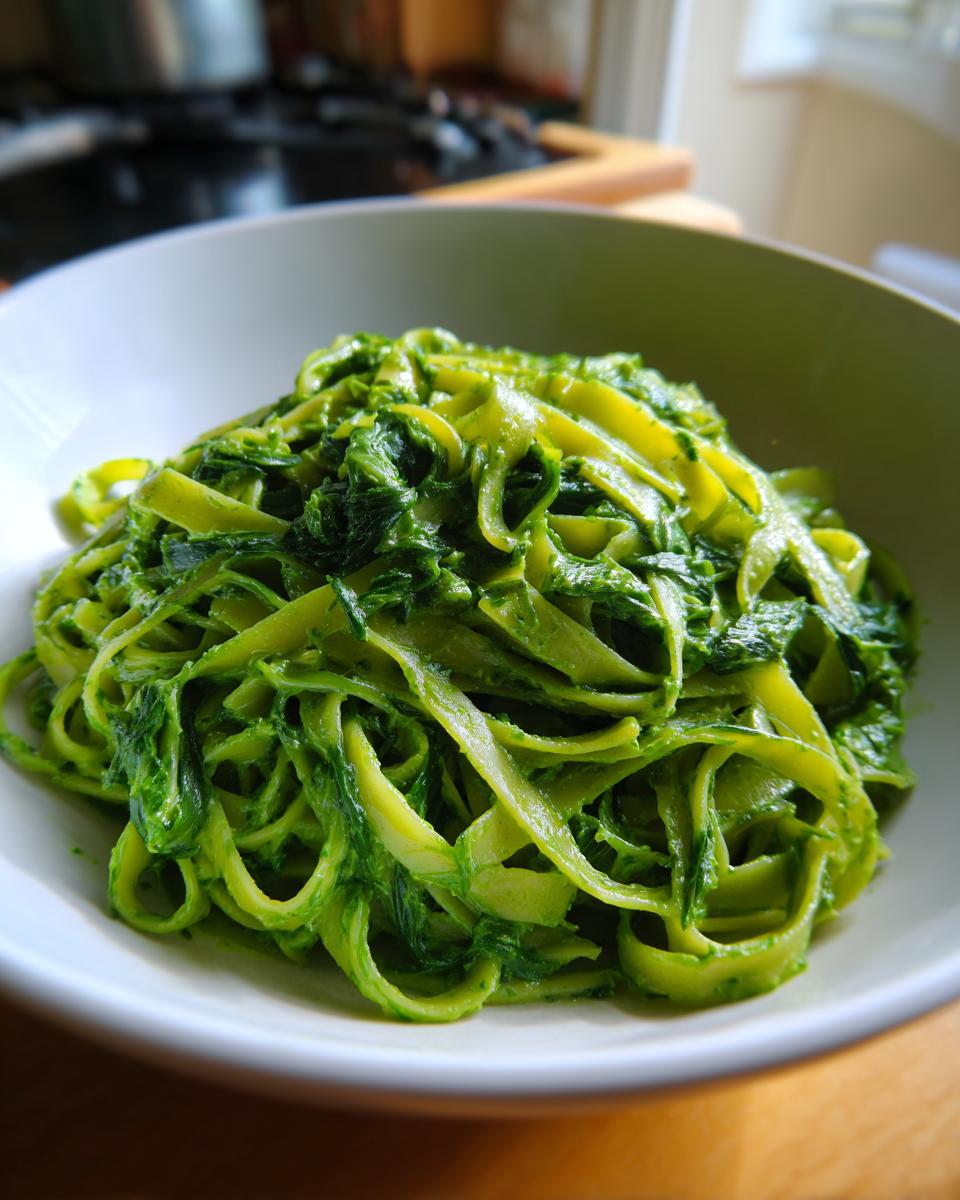 Nahaufnahme von cremigen Bärlauch Tagliatelle in einer weißen Schüssel.