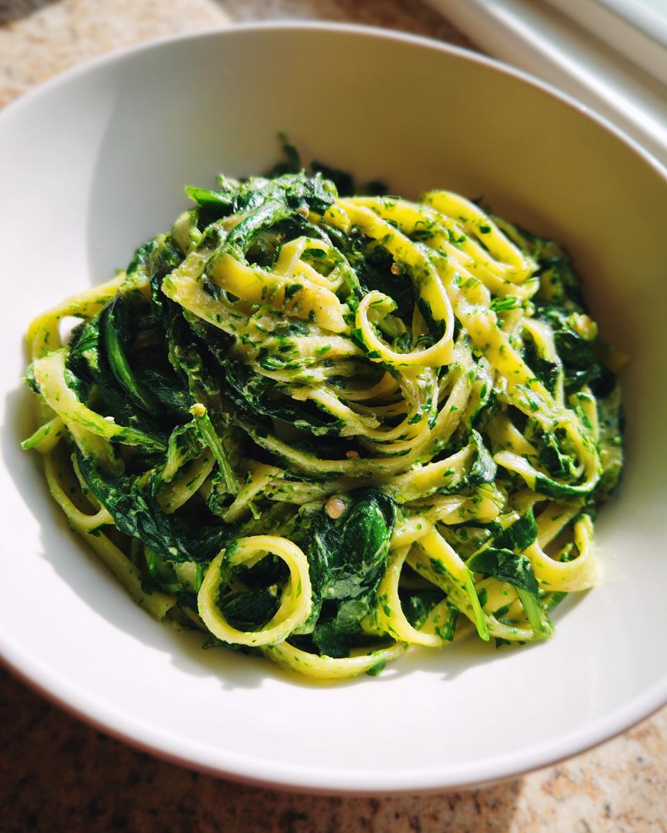 Nahaufnahme von cremigen Bärlauch Tagliatelle mit viel grünem Bärlauch in einer weißen Schüssel.