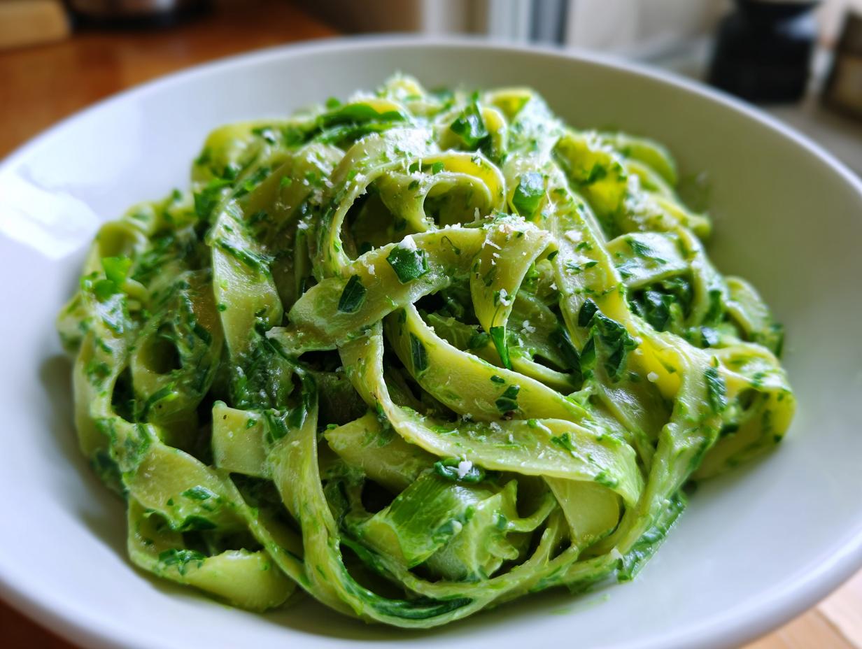 Nahaufnahme von cremigen Bärlauch Tagliatelle, bedeckt mit grüner Soße und Parmesan in einer weißen Schüssel.