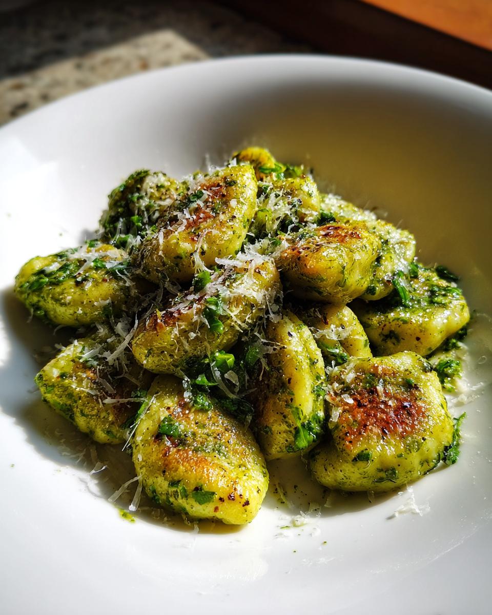Nahaufnahme von gebratenen Bärlauchgnocchi, bedeckt mit grüner Soße und geriebenem Parmesan.
