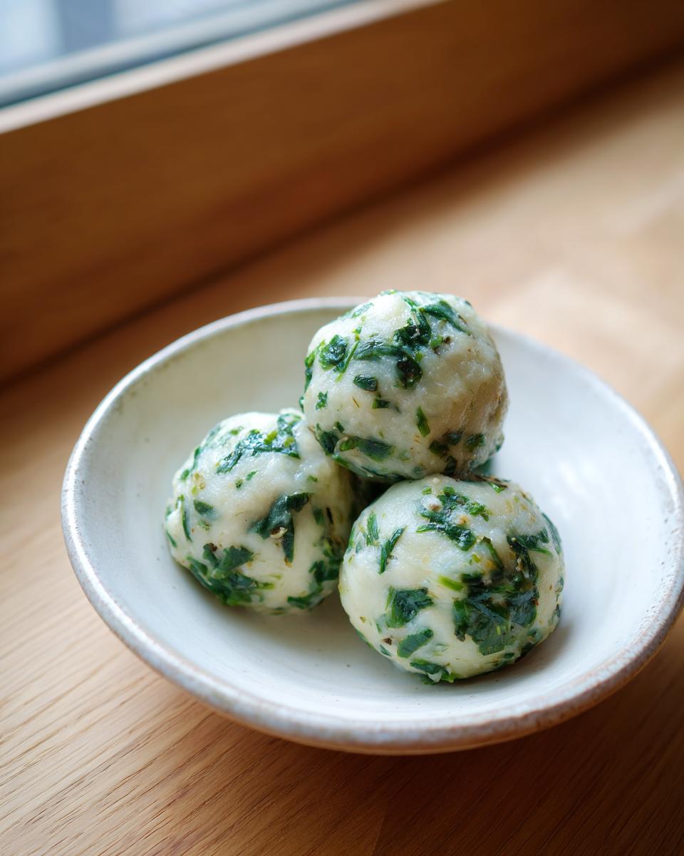 Drei perfekt geformte Bärlauchknödel mit grünen Bärlauchstücken in einer kleinen weißen Schale.