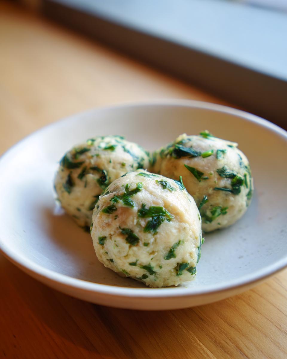 Drei perfekt geformte Bärlauchknödel mit grünen Kräuterstücken in einer hellen Schale.