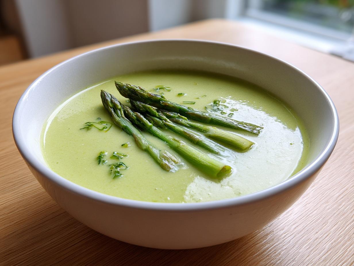 Nahaufnahme einer cremigen Spargelcremesuppe in einer weißen Schüssel, garniert mit grünen Spargelspitzen.