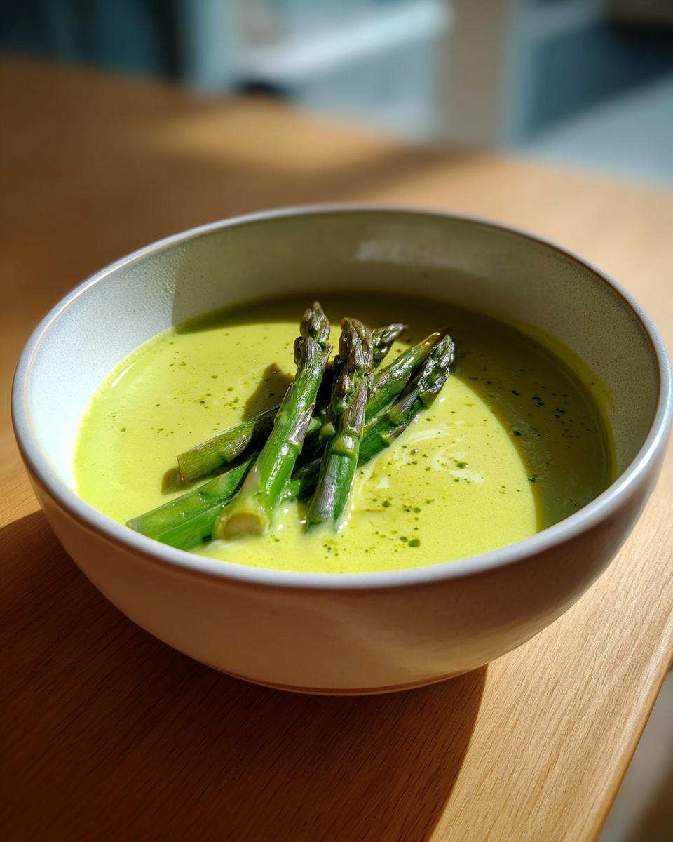 Eine Schüssel mit leuchtend grüner Spargelcremesuppe, garniert mit ganzen, gekochten grünen Spargelstangen.