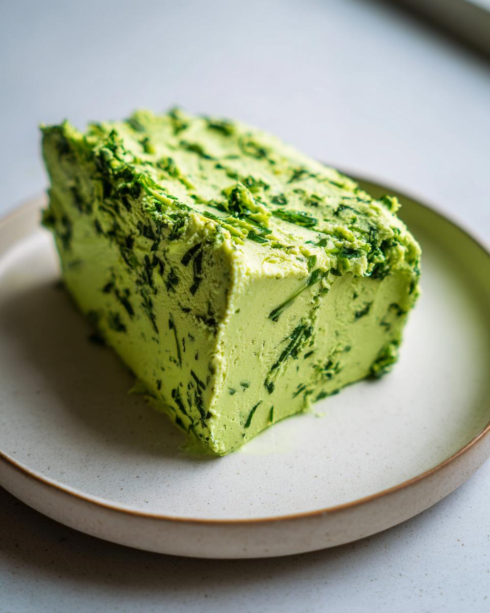 Ein Block selbstgemachte Bärlauchbutter mit vielen grünen Kräuterstücken, präsentiert auf einem hellen Teller.