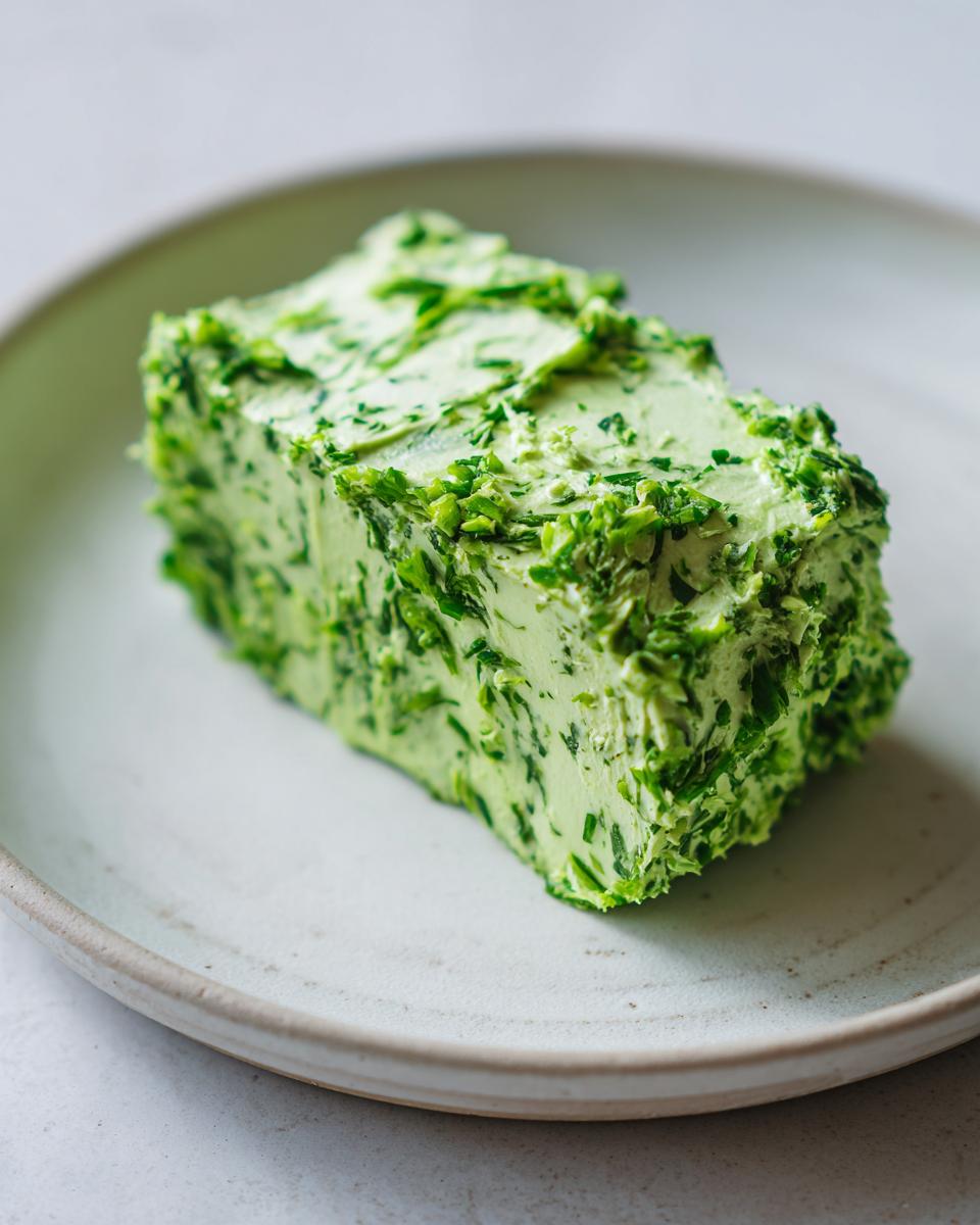 Ein Block frisch zubereiteter Bärlauchbutter, reich an grünen Kräutern, liegt auf einem hellen Keramikteller.