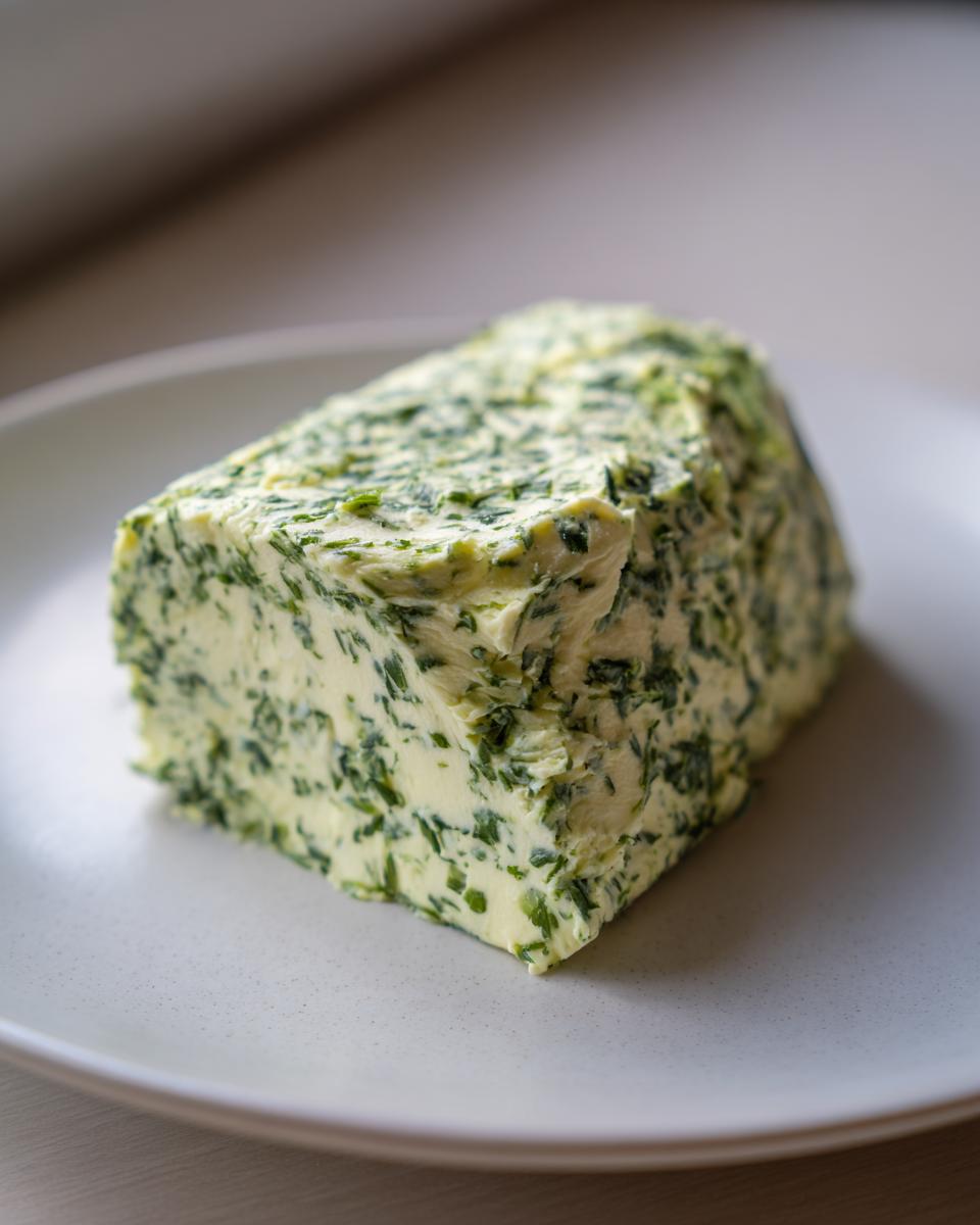 Ein Block hausgemachte Bärlauchbutter, reich an grünen Kräutern, liegt auf einem hellgrauen Teller.