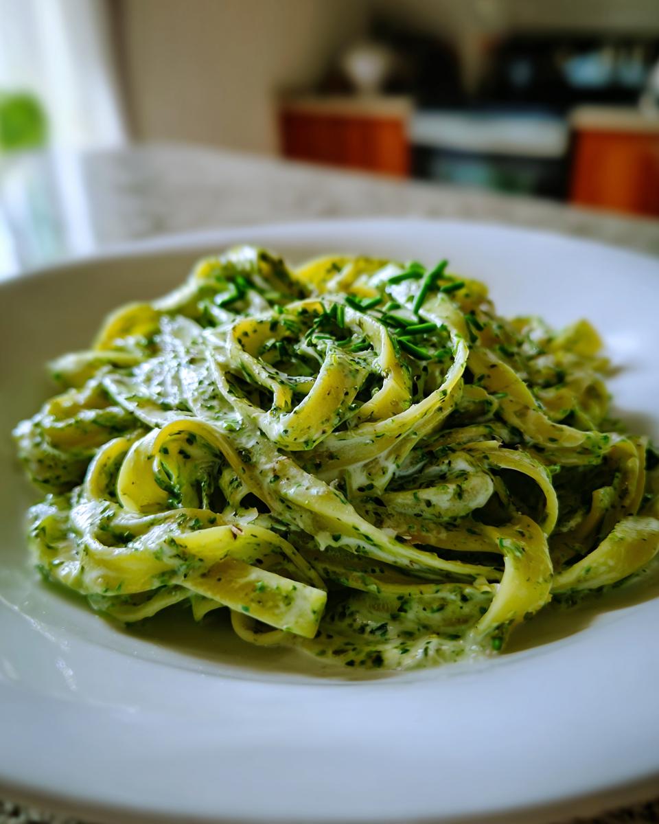 Nahaufnahme von cremigen Bärlauch Tagliatelle, garniert mit Schnittlauch, auf einem weißen Teller.