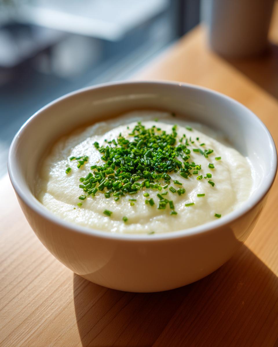 Eine cremige, weiße Blumenkohlsuppe in einer weißen Schüssel, garniert mit frischem Schnittlauch.