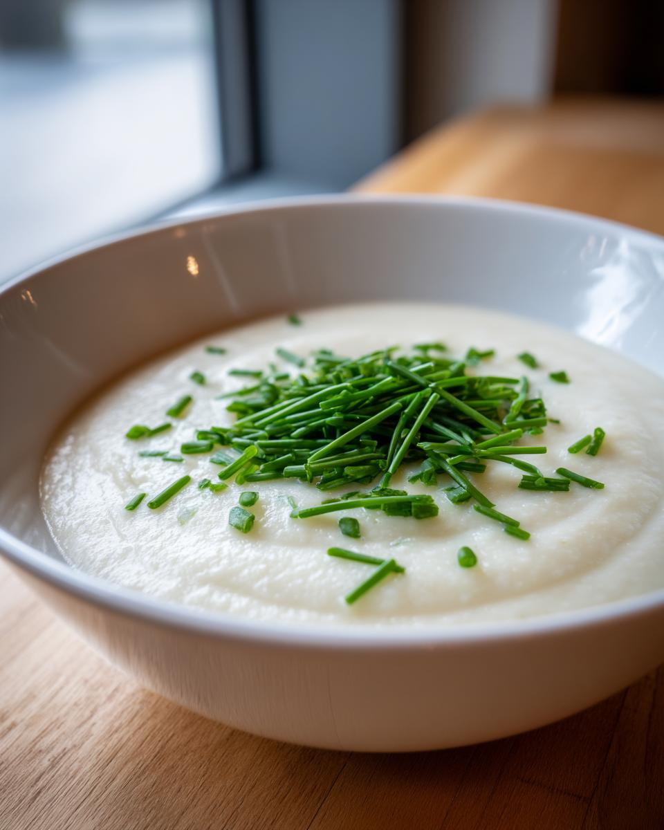 Nahaufnahme einer cremigen, weißen Blumenkohlsuppe, garniert mit einem Haufen frischem Schnittlauch.