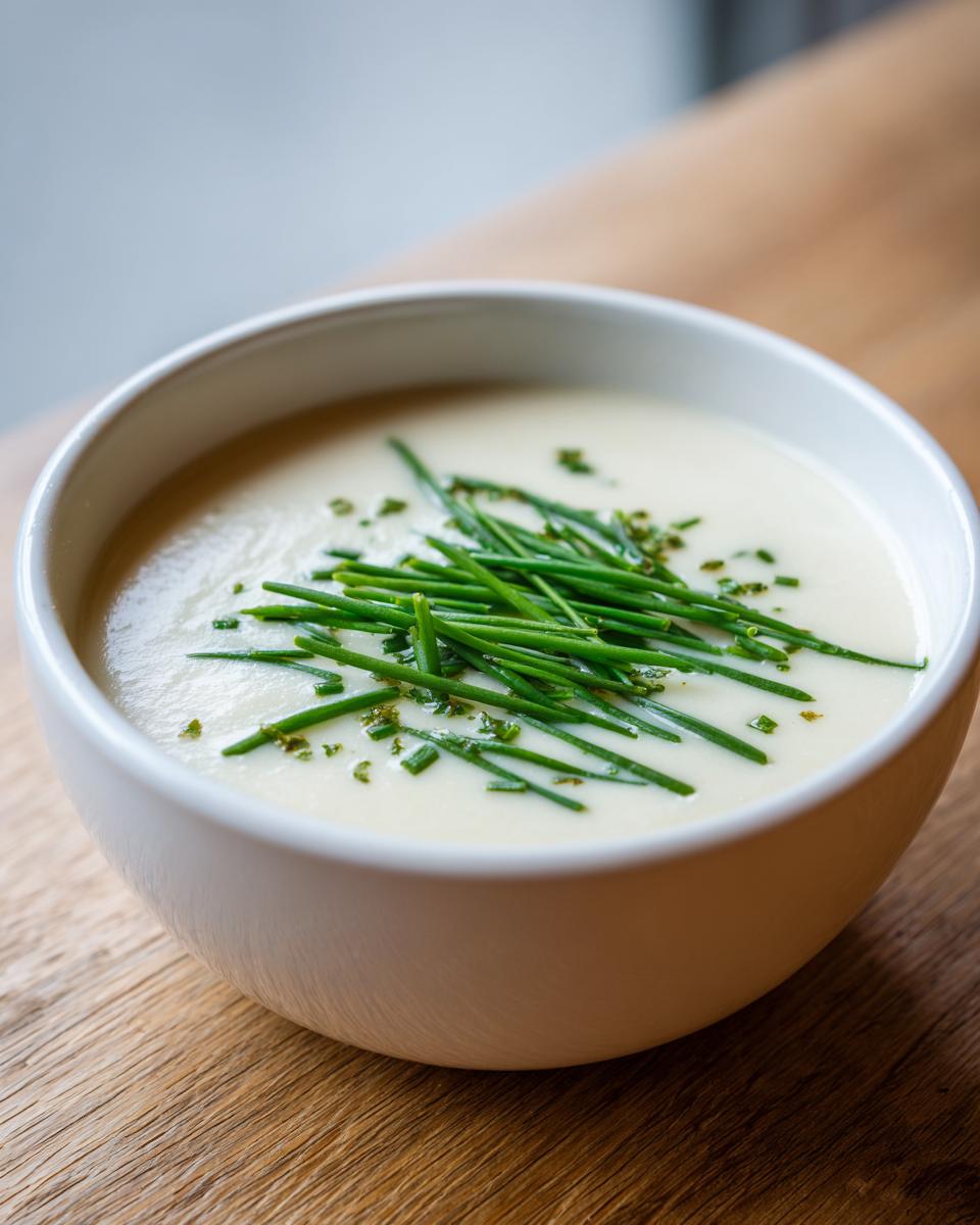 Nahaufnahme einer cremigen, weißen Blumenkohlsuppe in einer weißen Schüssel, garniert mit frischem Schnittlauch.