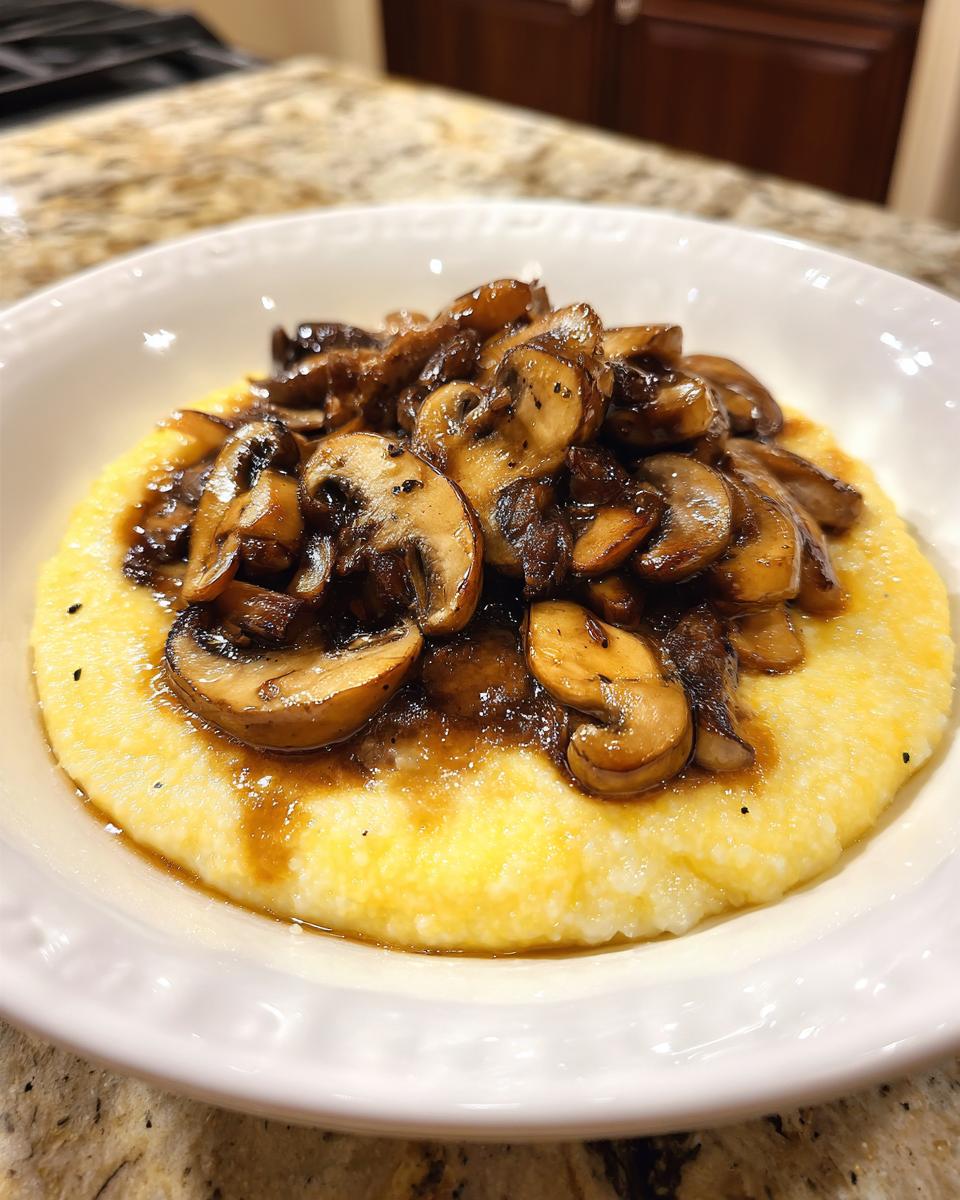 Nahaufnahme von cremiger Polenta mit Pilzen in dunkler Soße in einer weißen Schüssel.