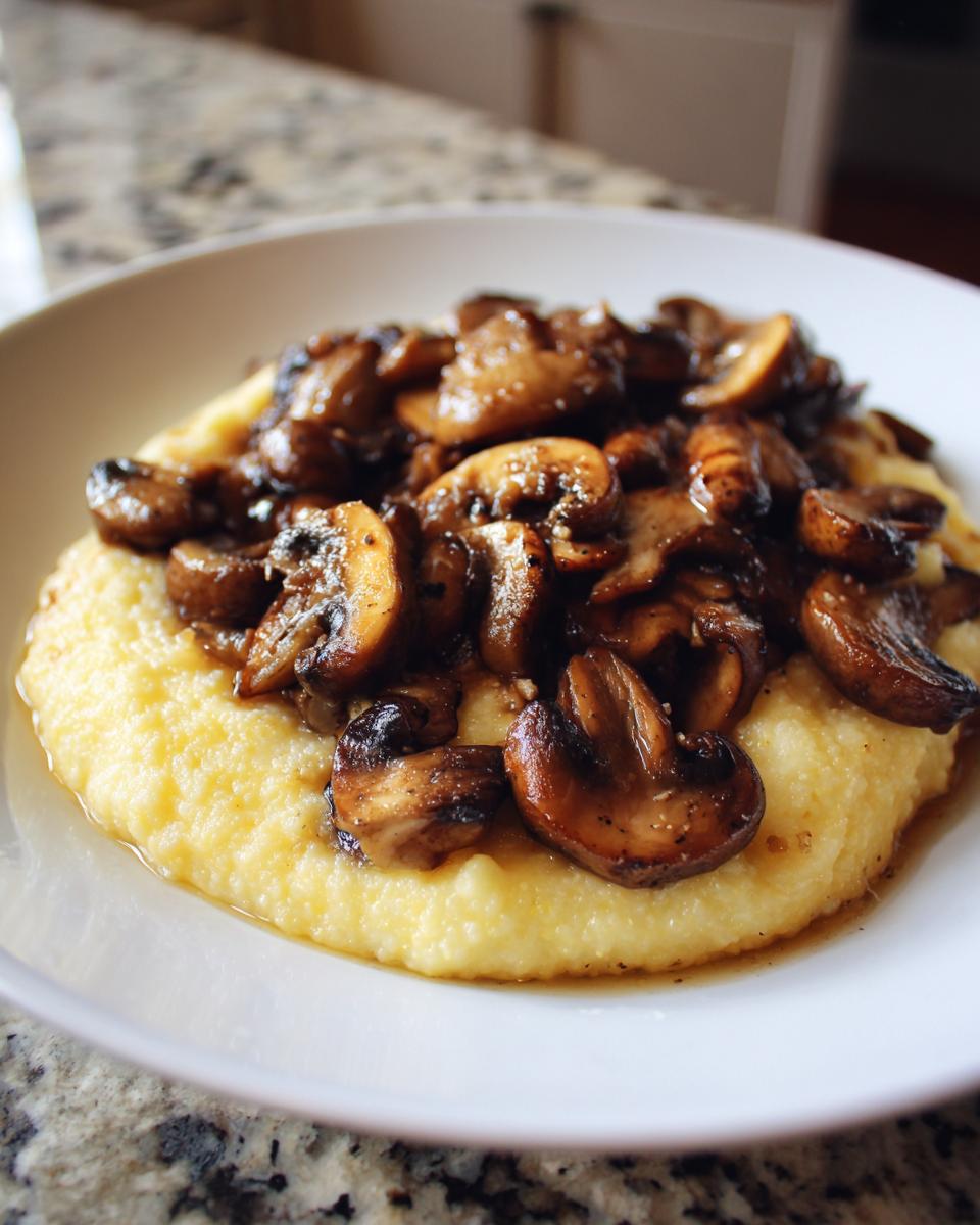 Nahaufnahme von cremiger Polenta mit Pilzen, die auf einem weißen Teller angerichtet ist.