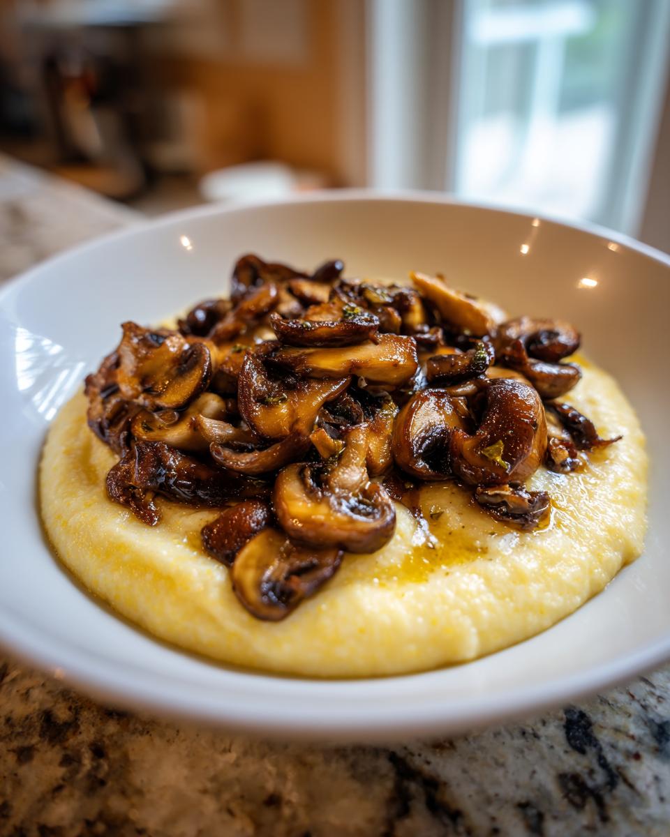 Eine Schüssel cremiger Polenta mit gebratenen, dunklen Pilzen als Topping: Polenta mit Pilzen.