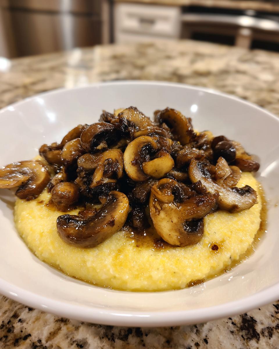 Nahaufnahme von cremiger Polenta mit Pilzen, reichlich belegt mit gebratenen Champignons.