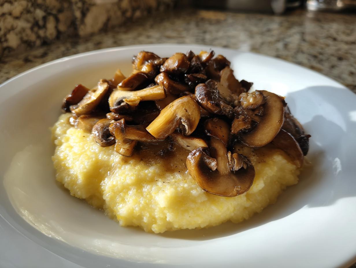 Nahaufnahme von cremiger Polenta mit Pilzen, serviert auf einem weißen Teller.
