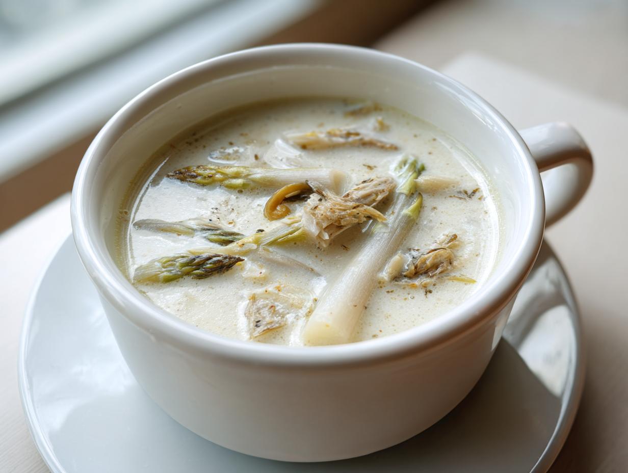 Nahaufnahme einer cremigen Spargelsuppe mit weißen und grünen Spargelstücken in einer weißen Tasse.