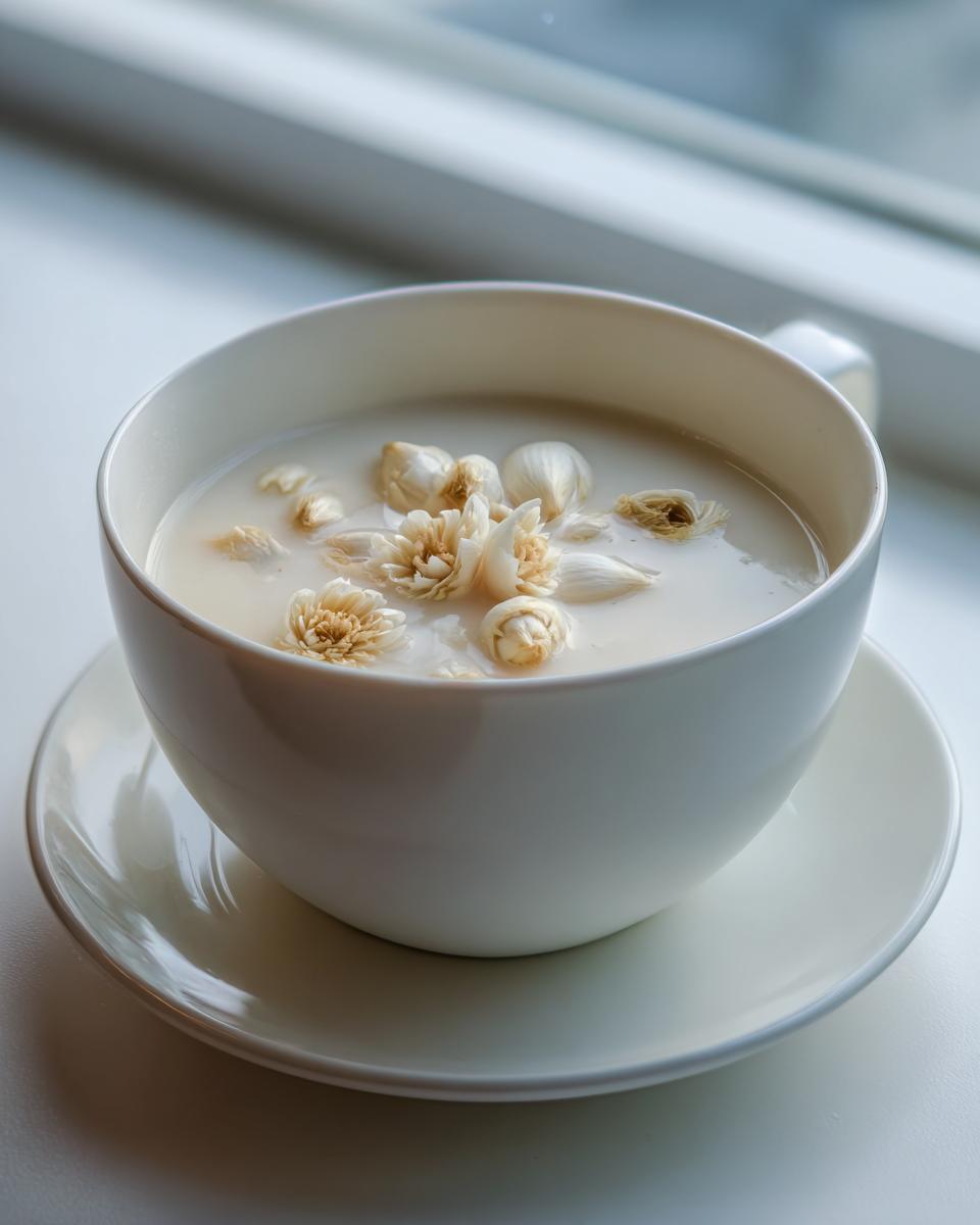 Weiße Tasse mit cremiger Spargelsuppe, garniert mit hellen Blüten, steht auf Untertasse.