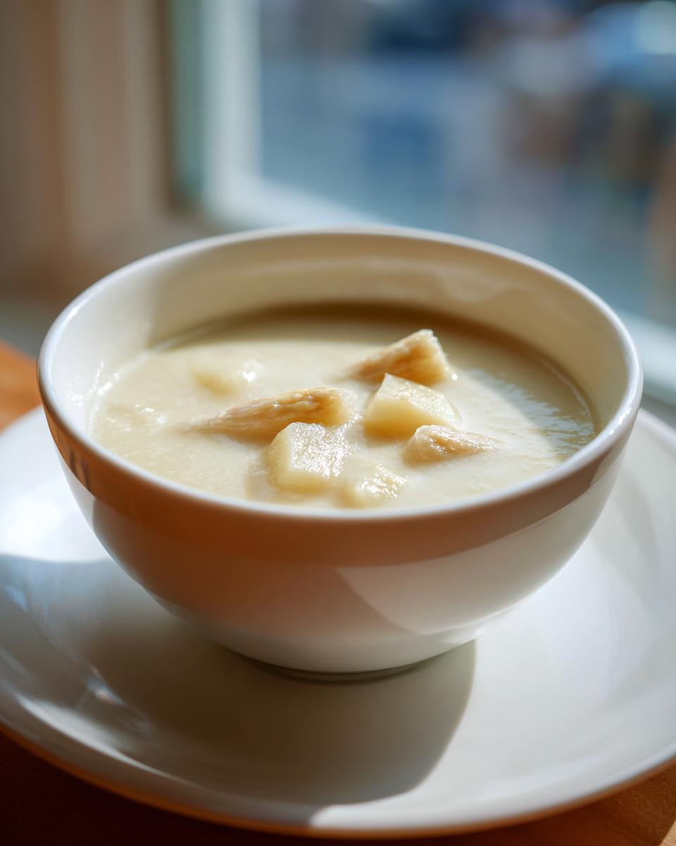 Nahaufnahme einer cremigen Spargelsuppe in einer weißen Schale mit sichtbaren Stücken von weißem Spargel.