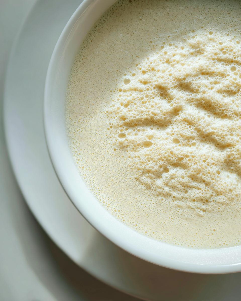 Nahaufnahme einer cremigen Spargelsuppe mit feinem Schaum in einer weißen Tasse.