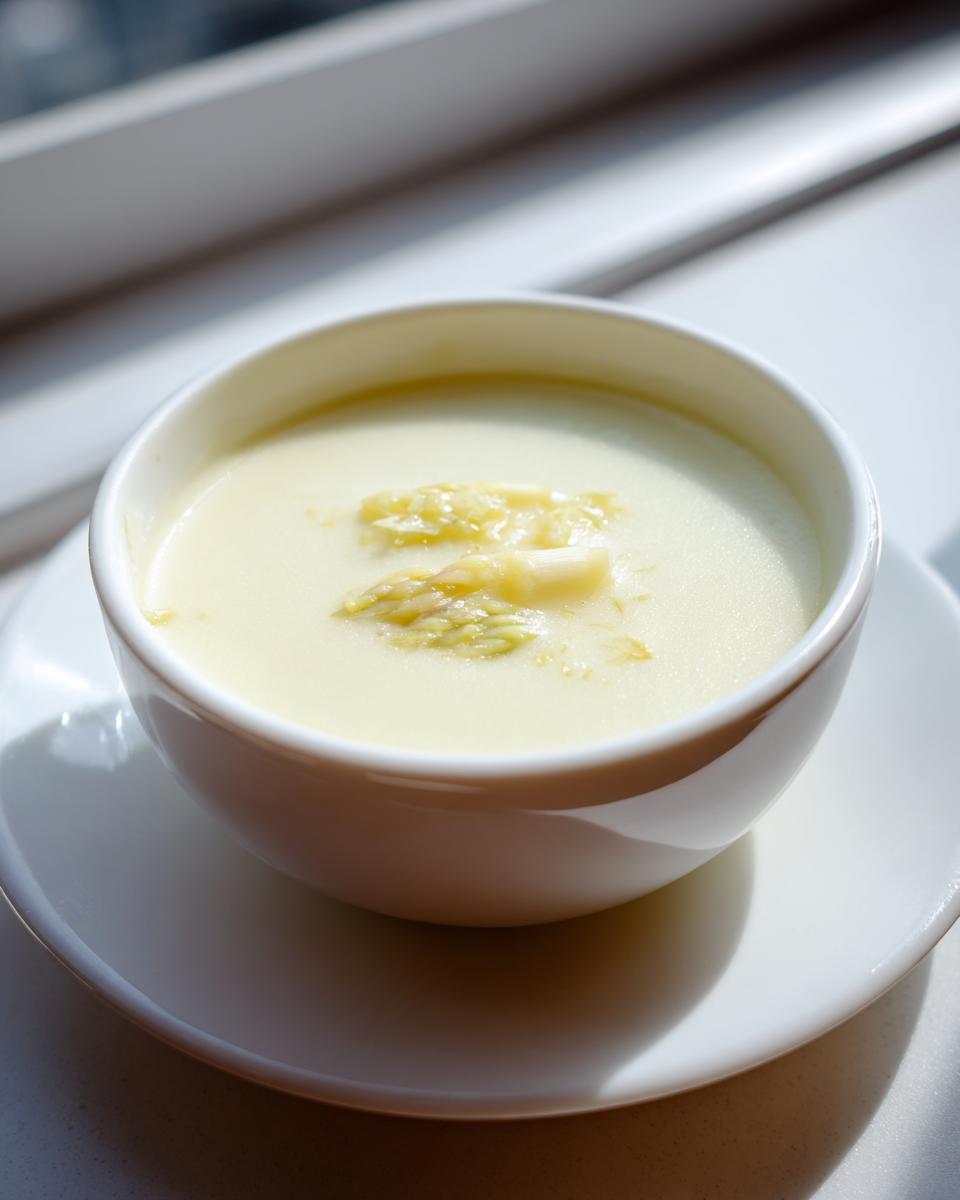 Eine Schüssel cremiger weißer Spargelsuppe, garniert mit Spargelstücken, im hellen Licht.