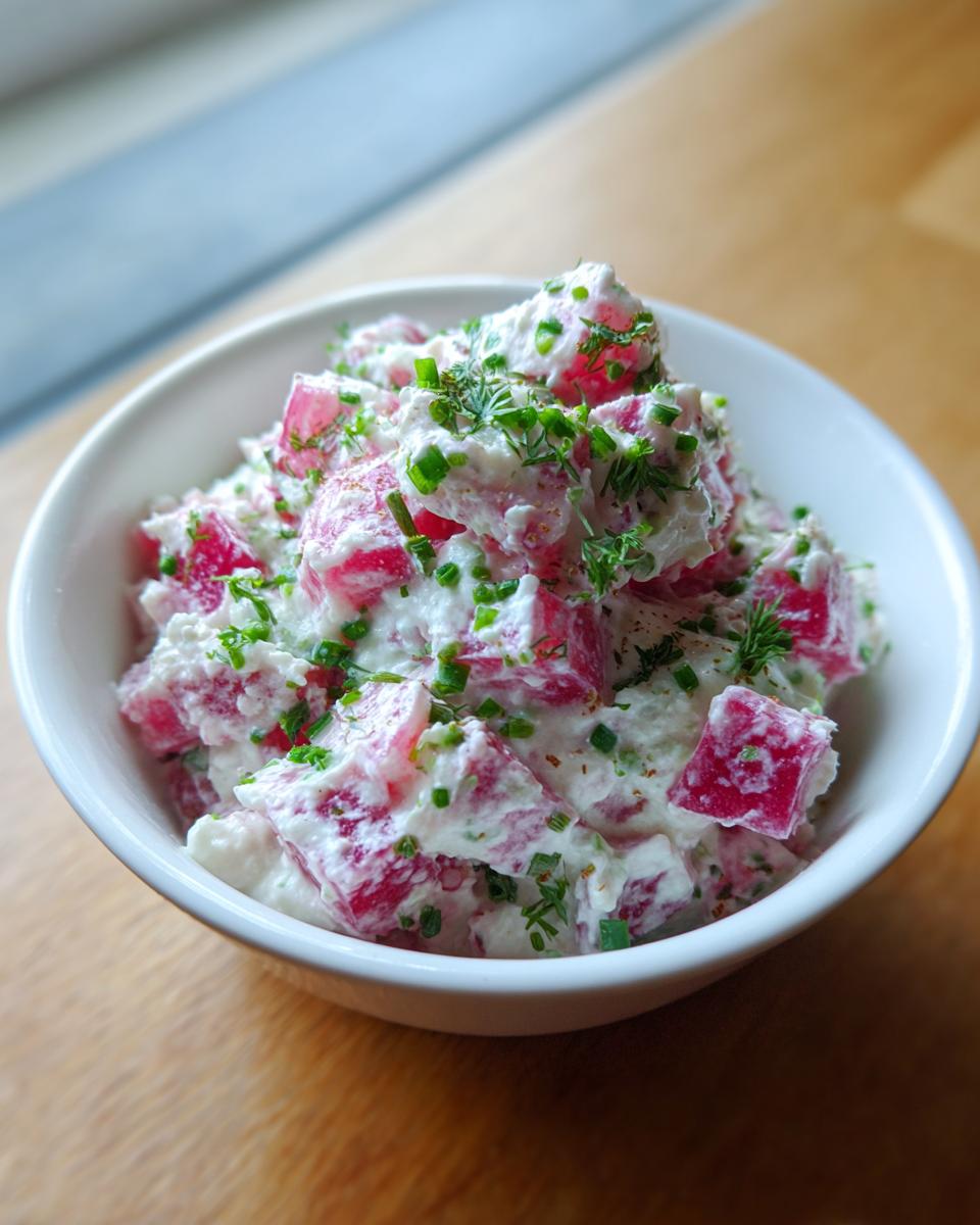 Nahaufnahme eines weißen Schälchens gefüllt mit cremigem Radieschen-Dip, bestehend aus gewürfelten Radieschen und einer weißen Käse-Creme, garniert mit Schnittlauch.