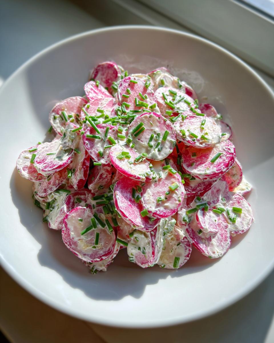 Nahaufnahme eines cremigen Radieschensalat mit dünn geschnittenen Radieschen und frischem Schnittlauch in einer weißen Schüssel.