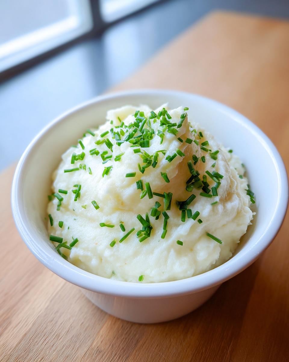 Eine weiße Schüssel mit cremiger, gestockter Masse, wahrscheinlich Kartoffelpüree oder Blumenkohlpüree, garniert mit frischem Schnittlauch. Dies dient als Beilage zur Blumenkohlsuppe.