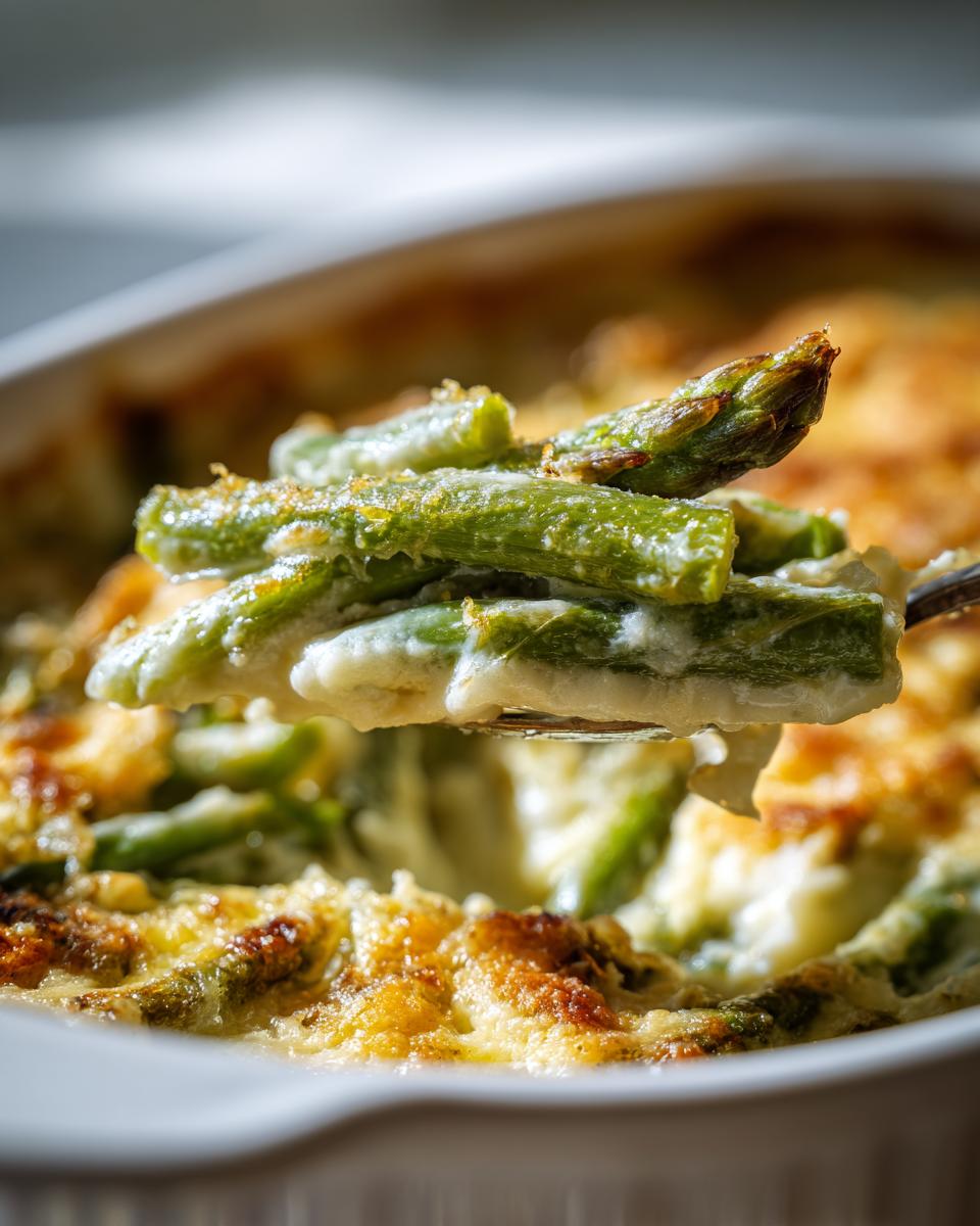 Nahaufnahme von grünem Spargel in cremiger Soße, der mit einer Gabel aus einem goldbraun überbackenen Spargel-Gratin gehoben wird.