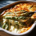 Nahaufnahme von grünem Spargel, der mit einer cremigen Sauce und überbackenem Käse aus einer Auflaufform gehoben wird – das perfekte Spargel-Gratin.