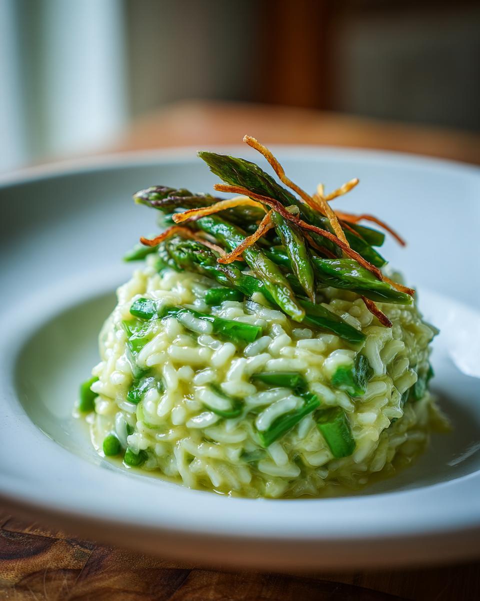 Nahaufnahme eines perfekt angerichteten Spargelrisotto mit grünen Spargelspitzen als Topping.