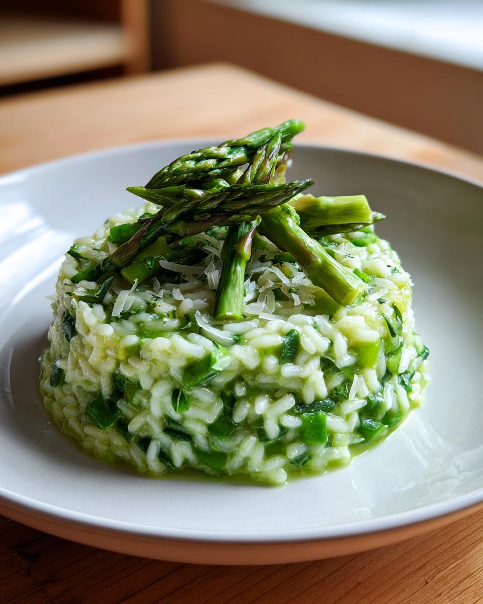 Ein perfekt angerichtetes Spargelrisotto mit grünen Spargelspitzen und geriebenem Parmesan.