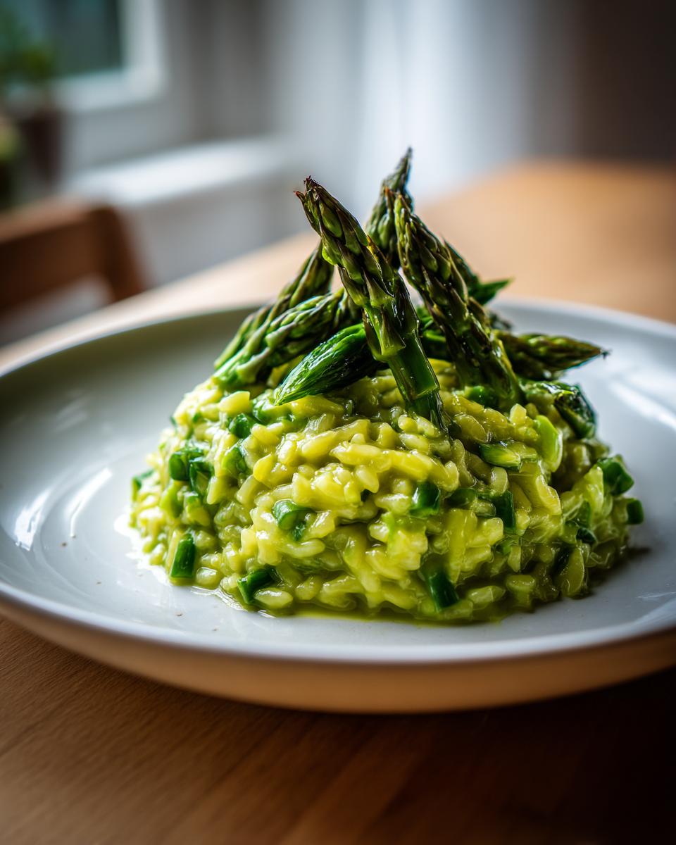 Nahaufnahme von cremigem, grünem Spargelrisotto, garniert mit ganzen grünen Spargelspitzen.