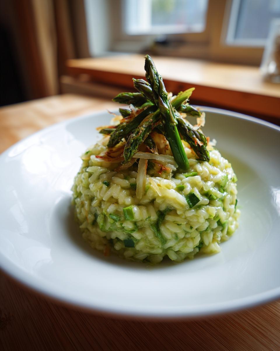 Ein perfekt angerichtetes Spargelrisotto, garniert mit gebratenen grünen Spargelspitzen.