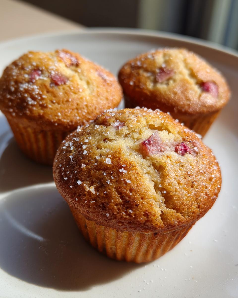 Drei goldbraune Rhabarber-Muffins mit grobem Zuckerkristall-Topping auf einem hellen Teller.